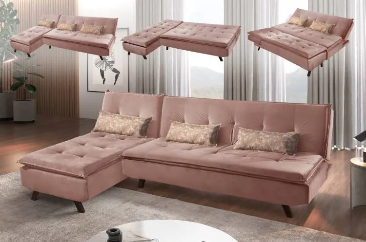 Sofa Cama Milano 3Lgs com Chaise Jolie Rose 2267A Luxury