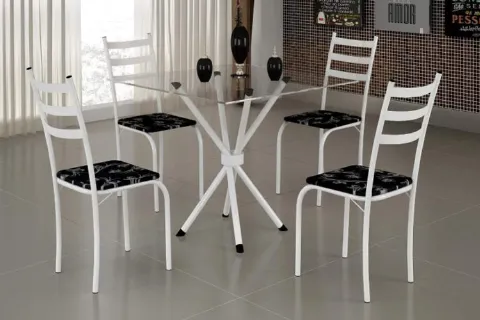 Conjunto Mesa Maraba 75x75 BrancoTmp Vidro Quadrado com 4 Cds Branco.Lirio Preto Teixeira