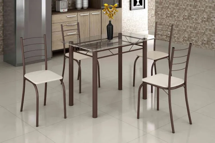 Conjunto Mesa Rio 100x60 Marrom Tmp Vidro com 4 Cds Marrom.Creme Teixeira — Mesa Rio Vidro 100x60 4Cds Marrom/Credme