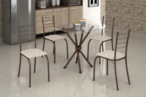 Conjunto Mesa Rio 70x70 MarromTmp Vidro Quadrado com 4Cds Marrom.Creme Teixeira