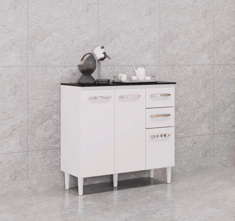 Balcao 3P2G 90 com Tampo Branco Poquema — Balcão 3P2G - Damasco/Off White