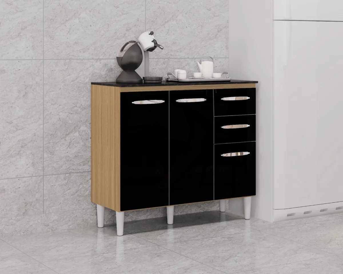 Balcao 3P2G 90 com Tampo Branco Poquema — Balcão 3P2G 90 - Damasco/Preto