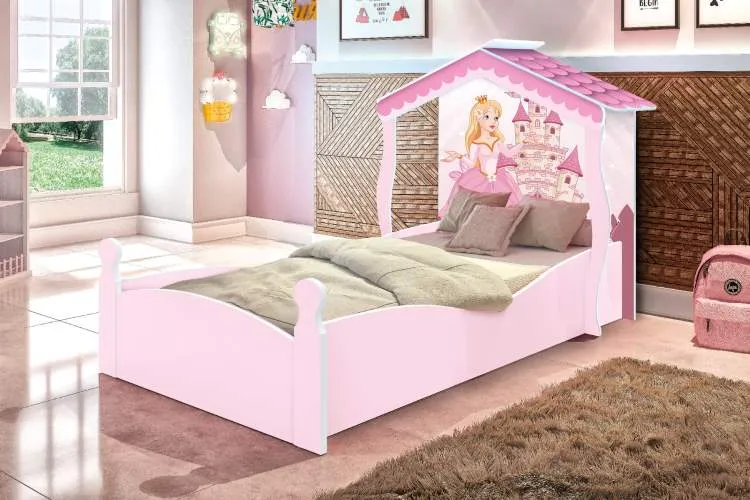 Cama Infantil Casa Princesa Branco.Rosa J&A Moveis — Cama Inf Casa Princesa - Branco/Rosa