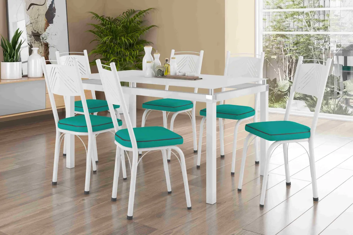 Mesa Malva Tmp Vdr 140x80 Branco.Branco com 6Cds 151 Branco.Estofado Turquesa Artefamol — Branco/Branco- Estofado Turquesa
