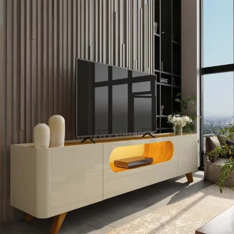 Rack Nobre 210 com LED e Pes Madeira Off White.Naturale Gelius