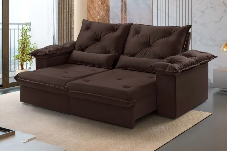 Estofado Retratil Reclinavel Atlas 230 2x90 + Braco 25cm Veludo Inca Grafite 10 Idealle — Veludo Marrom 17