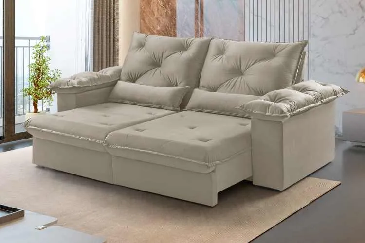 Estofado Retratil Reclinavel Atlas 230 2x90 + Braco 25cm Veludo Inca Grafite 10 Idealle — Veludo Bege Claro 02
