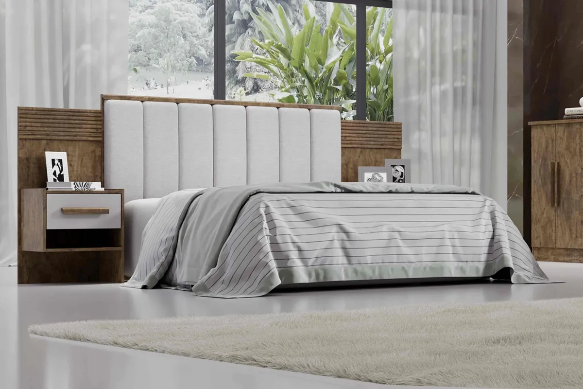 Cabeceira Casal Iris 140 Branco com Detalhe Ripado D Doro — Ipê/Off White Detalhe Ripado