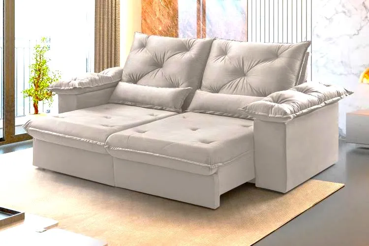 Estofado Retratil Reclinavel Atlas 290 2x120 + Braço 25cm Linho Bege 01 Idealle — Veludo Bege Claro 02