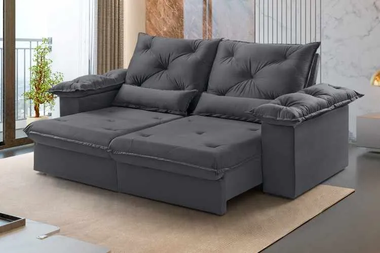 Estofado Retratil Reclinavel Atlas 290 2x120 + Braço 25cm Linho Bege 01 Idealle — Veludo Grafite 10