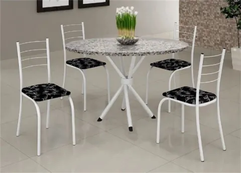 Conjunto Mesa Rio 70 Branco Granito Redondo e 4 Cadeiras Rio Branco.Liro Preto Teixeira