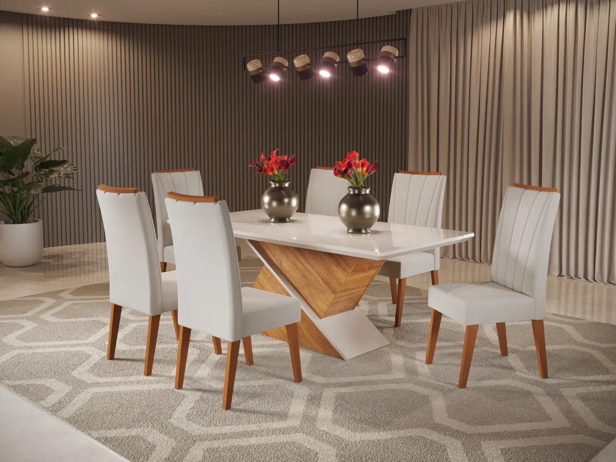 Sala Aurea 180x90 com 6 Cadeiras Safira Mel Blonde.Off White Veludo Marfim Viero — Mel Blondel/Off White - Vel Marfim