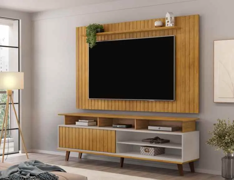 Conjunto de Painel Lume Cedro com Rack Flow Cedro.Bali DJ Moveis — Cedro - Cedro/Bali