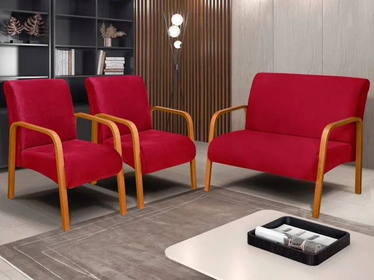 Conjunto de Poltronas Araxa 3Pcs 2.1.1Lgs Veludo Inca Vermelho 05 Bem Estar Estofados — Veludo Inca - Vermelho 05
