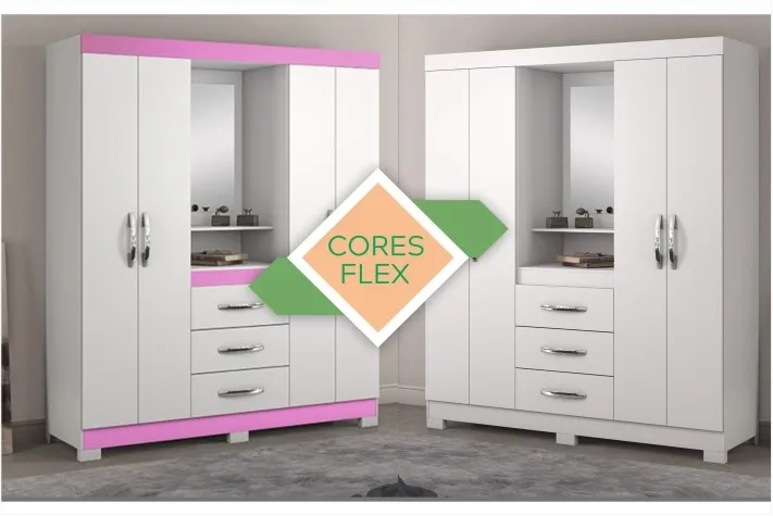 Roupeiro Capelinha NT 5015 4P3G com Espelho Branco New. Rosa Flex Notavel — Branco New/Rosa Flex