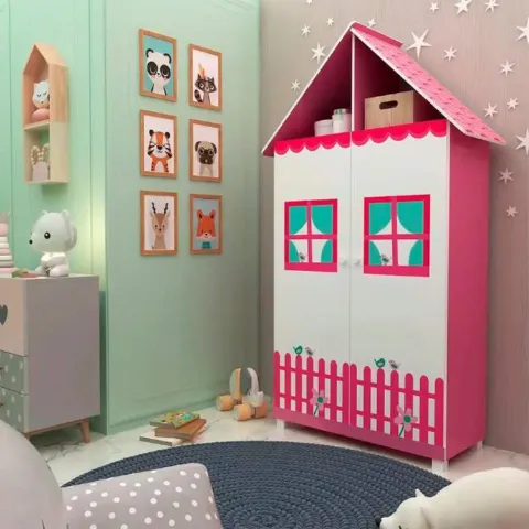 Roupeiro Infantil Casinha 2P2G Pink Ploc.Branco Acetinado Gelius