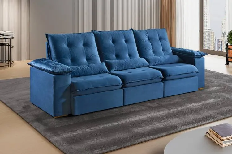 Estofado Retratil Reclinavel Madri.Opel 270 3x75 Pillow 20cm com Rineiras Veludo Suede Azul 406 Kairos Estofados — Veludo Suede Azul 406