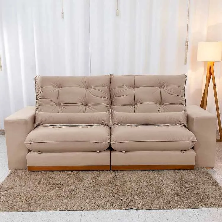 Estofado Retratil Reclinavel Toronto 250 2x100 mais 25cm Brc com Pillow 25cm Veludo Suede Azul Bia Estofados — Veludo Bege