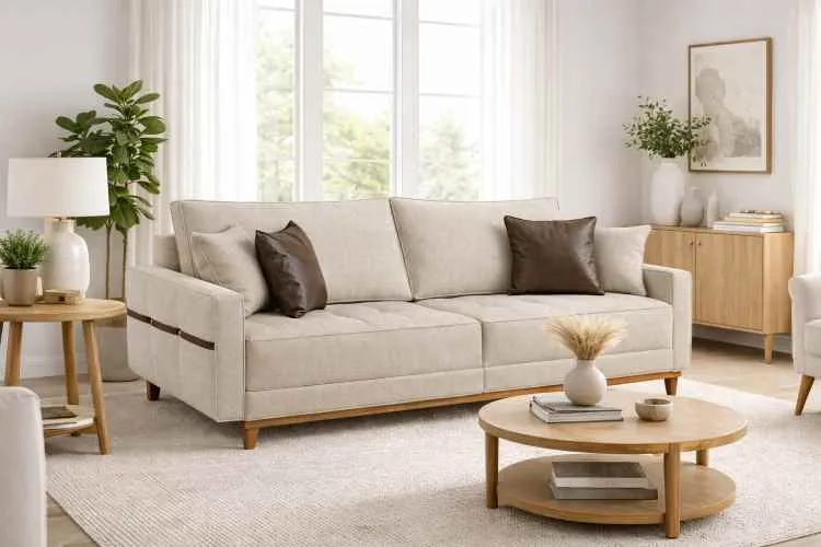 Sofa Living M-203 3 Lugares 2,00m - Tecido Linho Bege B-452 Martins Estofados — Linho Bege B-452