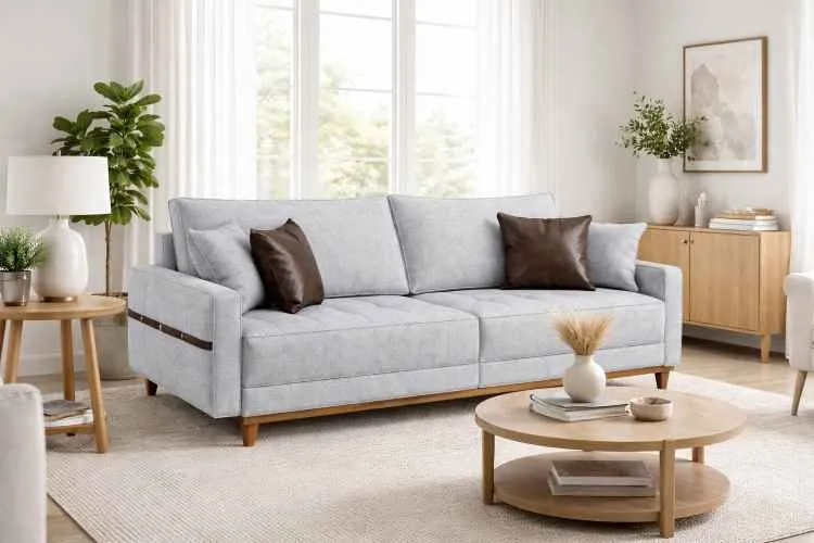 Sofa Living M-203 3 Lugares 2,00m - Tecido Linho Bege B-452 Martins Estofados — Linho Cinza B-463
