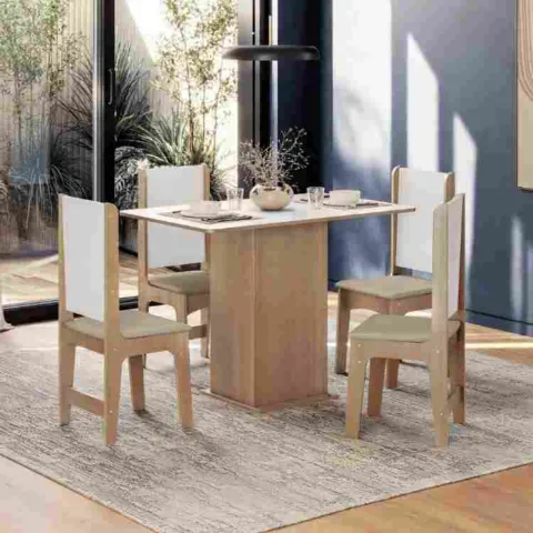 Conjunto Sala Jantar Luana Tmp Retangular 106 Off White com 4 Cds Luana Mel-Savana Sonetto Moveis