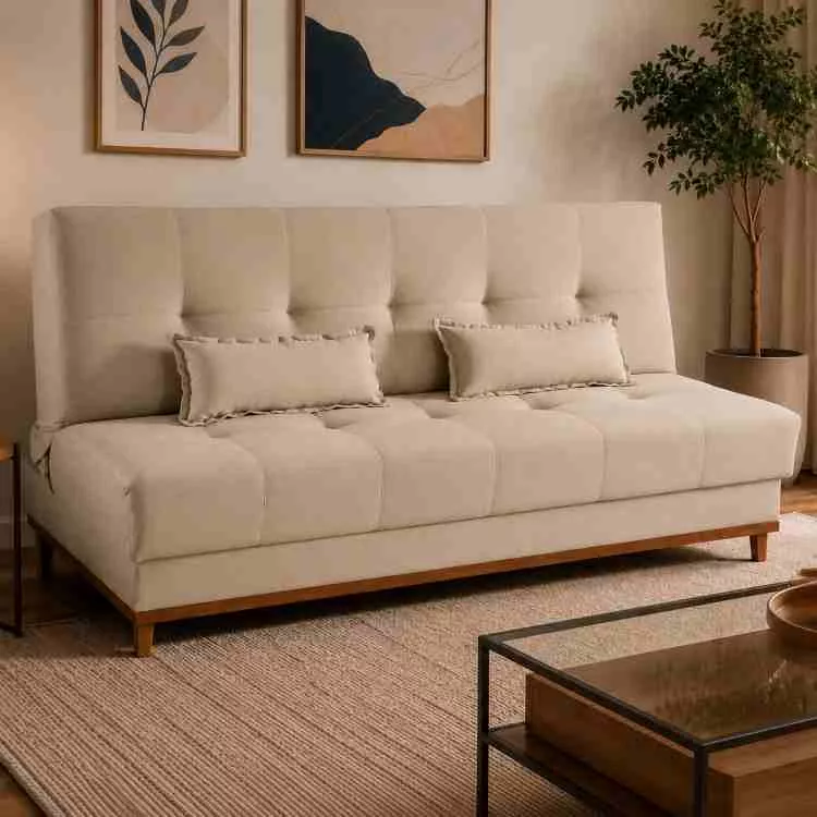 Sofa Cama Catania 3 Estagios Tecido Veludo Suede Bege Tec 01 MDP Estofados