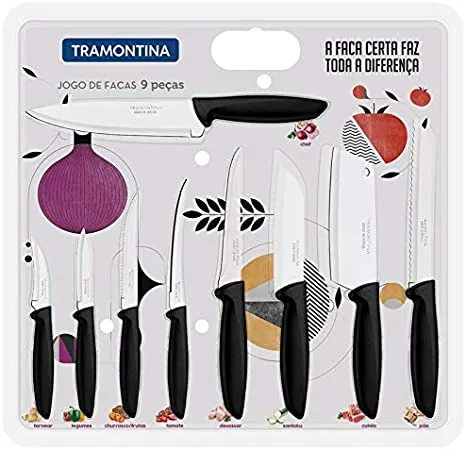 Jogo de Facas Inox 9 Pecas Plenus Premium Preto Tramontina — Jogo de Facas 9 Peças Preto