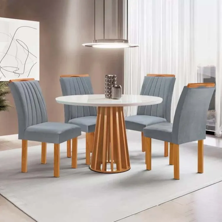 Conjunto Mesa Berlim 100 Tmp Redondo Plus MDF.Vdr Cinam.Off White com 4Cd Marselha Cinamo.Vel Grafite Tec 171 CEL Moveis — Mesa Chocolate/Vidro Off White