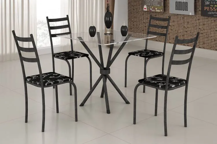 Conjunto Mesa Maraba 75x75 BrancoTmp Vidro Quadrado com 4 Cds Branco.Lirio Preto Teixeira — Mesa Maraba Tmp Vdr Quadrado/Mart Cinza