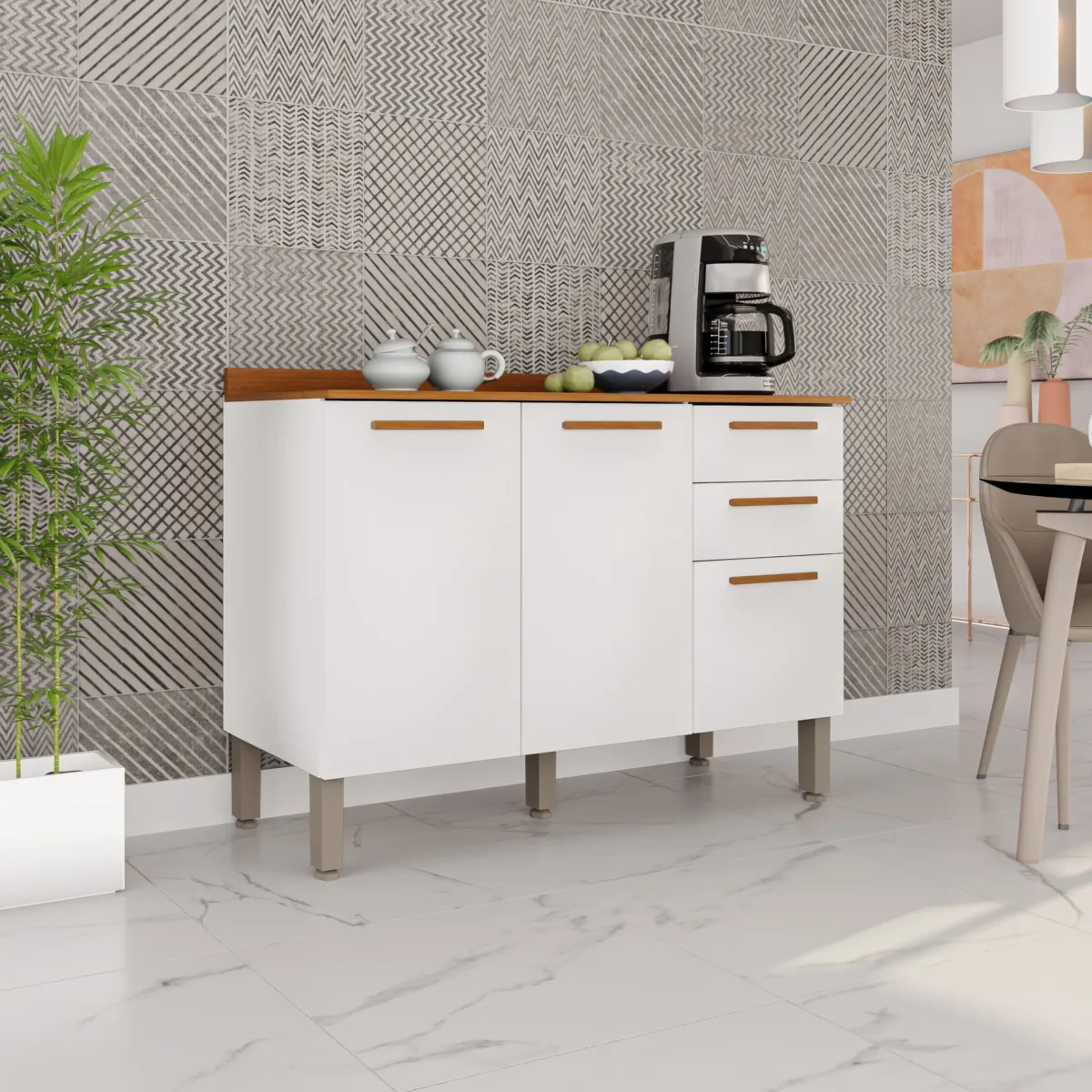 Balcao Cozinha New Valencia 3P2G Branco/Cinamomo Salleto — Balcao New Valência 3P2G -  Branco/Cinamomo