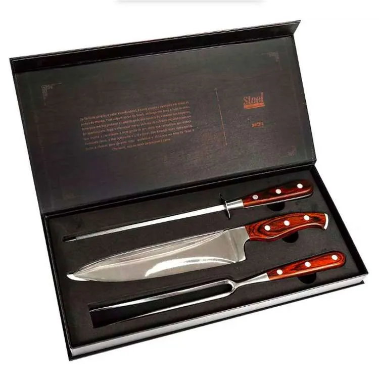 Conjunto 3 Pecas Faca Garfo e Chaira Inox Metalurgica Mor — Conjunto 3 Pçs Faca Garfo Chaira